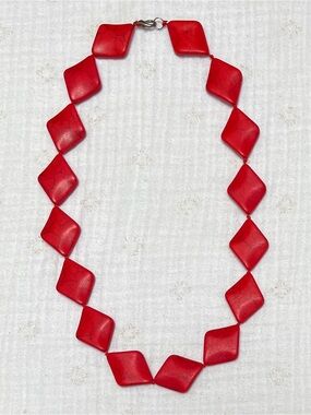 Bold Red Geometric Diamond Shaped Beaded Statement Necklace OS